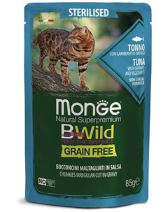 Паучи Cat BWild Grain Free Adult из тунца с креветками и овощами для стерилизованных кошек 85 г Туне Monge