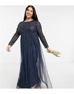 Темно синее платье макси из тюля с длинными рукавами и пайетками Bridesmaid Maya plus