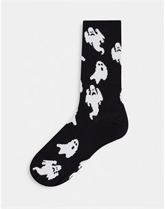 Черные носки до икр в рубчик с принтом в виде приведений Asos design