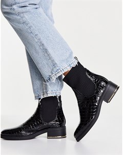 Черные ботинки на плоской подошве в стиле ботинок для верховой езды с отделкой под кожу крокодила New look