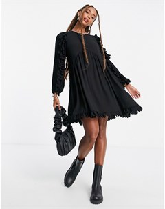 Черное свободное платье мини с оборками Vero moda