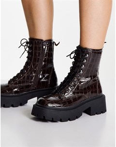 Коричневые массивные ботинки из искусственной кожи крокодила на шнуровке с квадратным носком Truffle collection