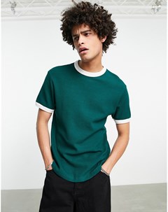 Темно зеленая футболка из вафельного трикотажа с контрастной белой окантовкой Asos design