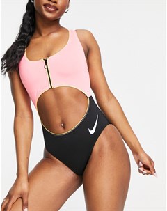 Розово черный купальник в стиле колор блок с вырезами Nike Swim Nike swimming