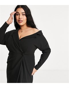 Черное платье рубашка мини с запахом и спущенным плечом ASOS DESIGN Curve Asos curve