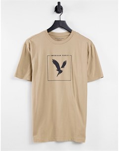 Светло коричневая футболка с прямоугольным принтом в виде логотипа орла в центре American eagle