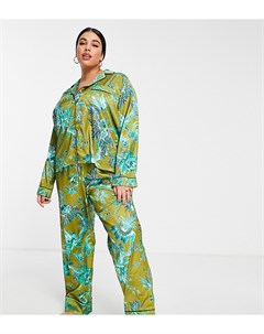 Подарочный набор из атласной пижамы и резинки для волос зеленого цвета с цветочным принтом в комплек Hope & ivy plus