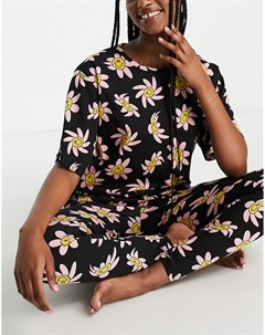 Пижама из футболки и леггинсов в стиле oversized черного цвета с принтом волнистых цветов Asos design