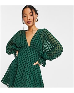 Платье мини темно зеленого цвета с пышными рукавами с эластичными манжетами и бархатистым флоковым п Asos petite