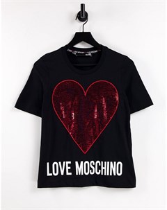 Черная футболка с логотипом и красным сердцем из пайеток Love moschino