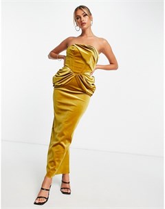 Золотистое бархатное платье мидакси с драпировкой и открытыми плечами Asos design