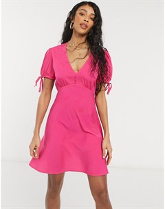 Ярко розовое платье мини с завязками на рукавах New look