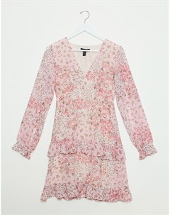 Розовое шифоновое ярусное платье мини с цветочным принтом New look