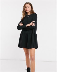 Черное многоярусное платье футболка свободного кроя с длинными рукавами Bershka