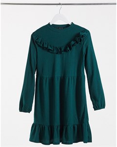 Зеленое свободное платье мини с оборками New look