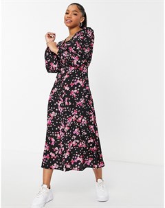 Черно розовое платье миди на пуговицах с V образным вырезом и цветочным принтом New look