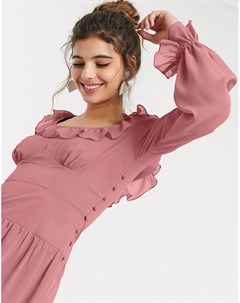 Розовое короткое приталенное платье с овальным вырезом и оборками Asos design