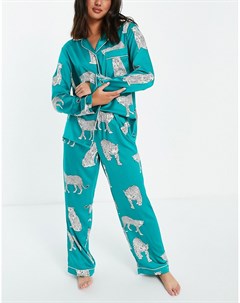 Зеленый атласный удлиненный пижамный комплект премиум класса с отложным воротником и принтом леопард Chelsea peers