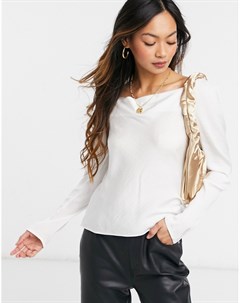 Светло бежевая атласная блузка с длинными рукавами свободным воротом и глубоким вырезом Asos design