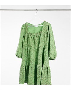 Многоярусное свободное платье мини с квадратным вырезом в зеленом цвете с цветочным принтом ASOS DES Asos tall