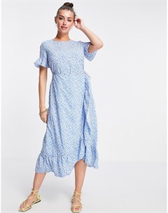 Голубое платье миди в горошек с оборками Vero moda