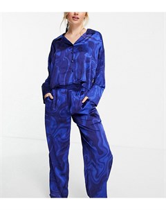 Эксклюзивная пижама с рубашкой в стиле oversized брюками и резинкой для волос темно синего цвета с м Asos petite