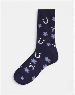 Темно синие спортивные носки с цветочками и смайликами Asos design