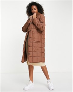 Стеганое удлиненное пальто коричневого цвета с воротником с отделкой искусственным мехом Jdy
