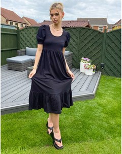 Черное чайное платье с объемными рукавами Only