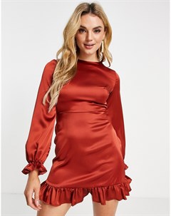 Атласное платье мини цвета корицы с длинными рукавами и открытой спиной Flounce london