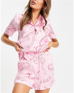 Розовый атласный пижамный комплект в новогоднем стиле с шортами рубашкой с короткими рукавами надпис Asos design