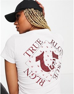 Белая узкая футболка с V образным вырезом и фольгированным логотипом с отделкой стразами True religion