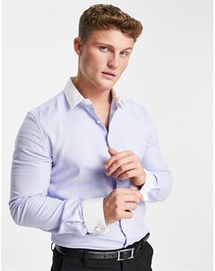 Синяя строгая рубашка узкого кроя из саржи с контрастной двойной манжетой Asos design