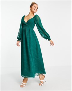Зеленое платье макси из ткани добби с запахом и оборками Asos design