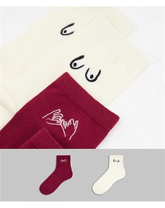 Набор из 2 пар носков винного и кремового цвета из органического хлопка с вышивкой Polly Monki