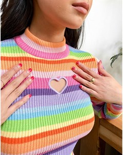 Облегающий лонгслив в рубчик в полоску цветов радуги с вырезом в виде сердечка London Minga