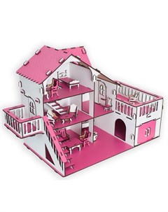 Сборный кукольный домик с террасой и мебелью розовый Эlen toys