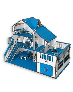 Сборный кукольный домик с террасой и мебелью синий Эlen toys