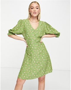 Зеленое чайное платье мини с V образным вырезом расклешенной юбкой и цветочным принтом Nobody's child
