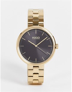 Женские золотистые часы браслет с черным циферблатом Hugo