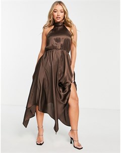 Атласное платье миди шоколадно коричневого цвета с высоким воротником Ax paris