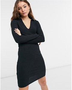 Черное платье мини из мягкой ткани в рубчик с воротником New look