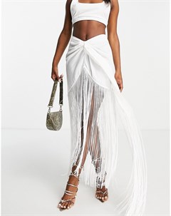 Белая юбка из ткани имитации льна с запахом и бахромой Asos design