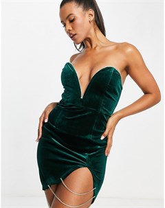 Изумрудно зеленое бархатное платье мини с глубоким вырезом и отделкой Band of stars