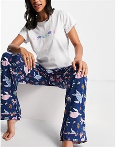 Пижама белого и темно синего цвета с брюками с широкими штанинами Wellness Project x Chelsea Peers The wellness project