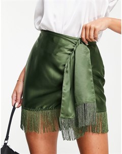 Атласная юбка мини цвета хаки с запахом и бахромой Asos design
