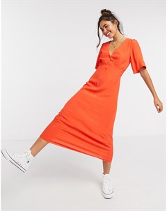 Оранжевое платье миди с V образным вырезом New look