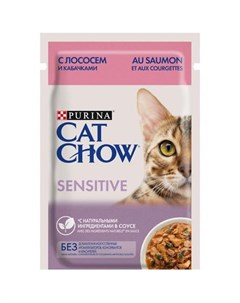 Влажный корм для взрослых кошек с чувствительным пищеварением с лососем и кабачками в соусе Пауч 85  Cat chow