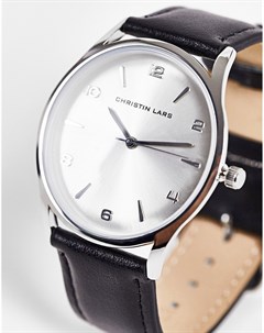 Серебристые мужские часы с черным кожаным ремешком Christian Lars Christin lars