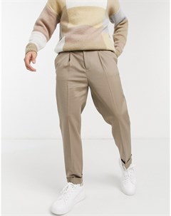 Бежевые зауженные строгие брюки из саржи с отворотами Asos design